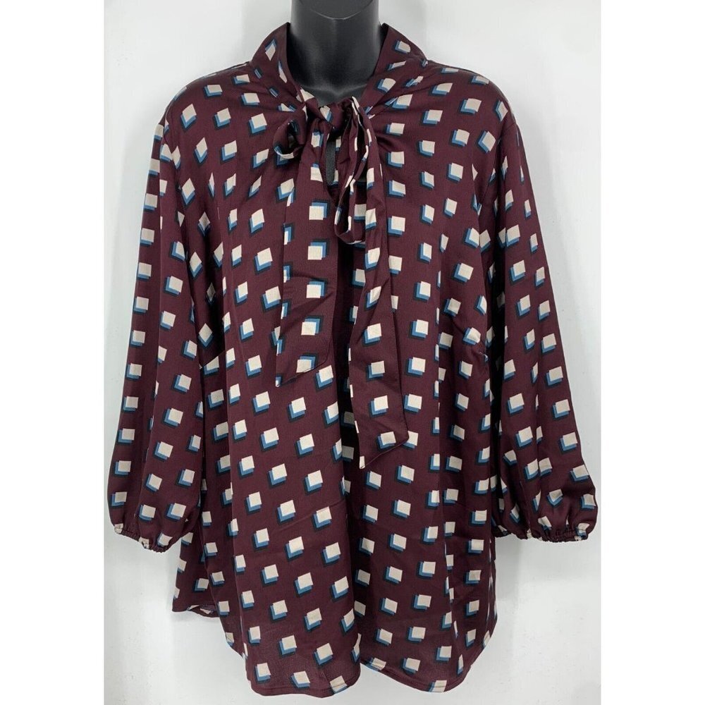 3rd + Malt Women Plus Size Top Blouse Maroon 3/4 Tie Neckline Work Career New